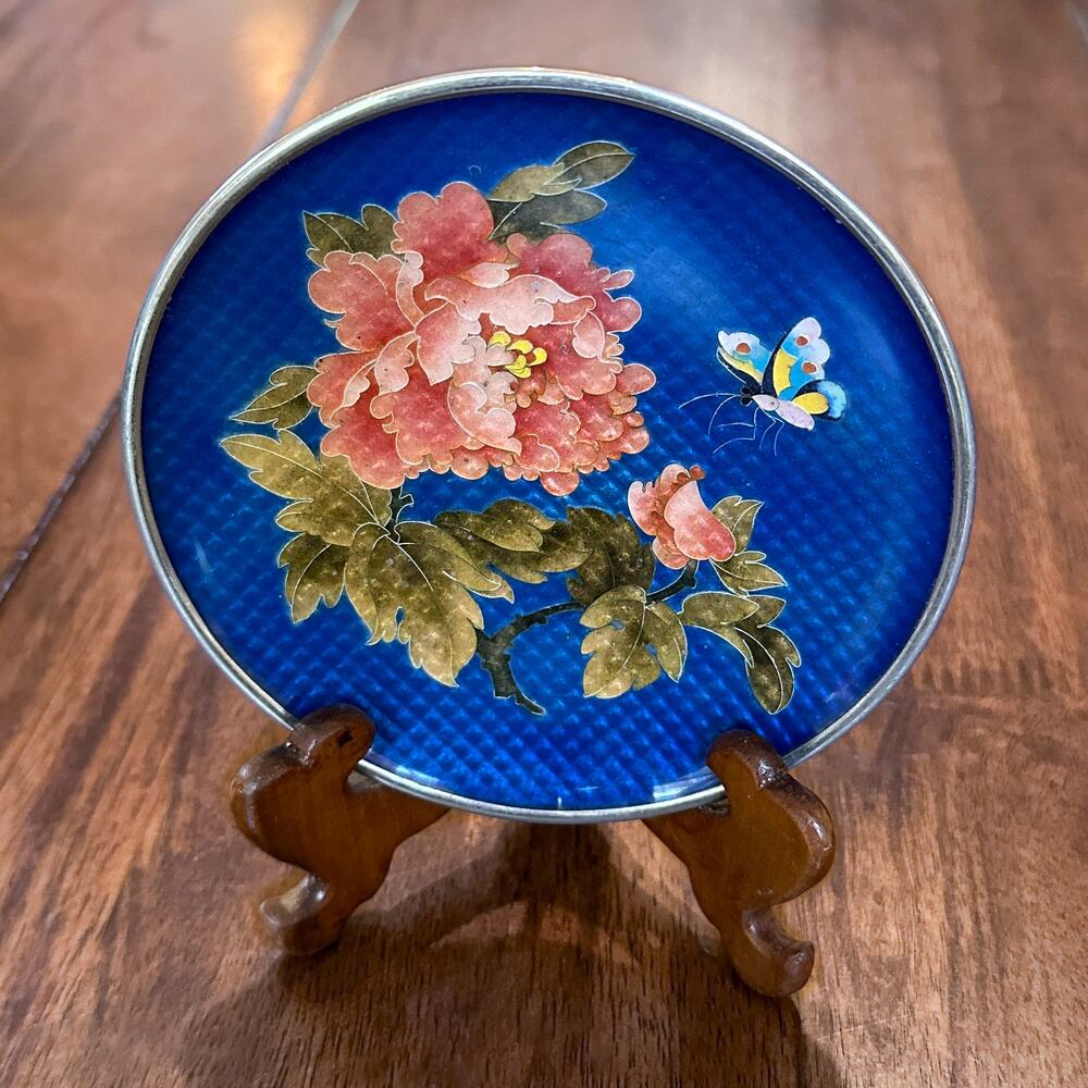 Antique Silver Ginbari Cloisonne Plate Blue Coral Peony Flower Butterfly w Stand - Picture 3 of 13